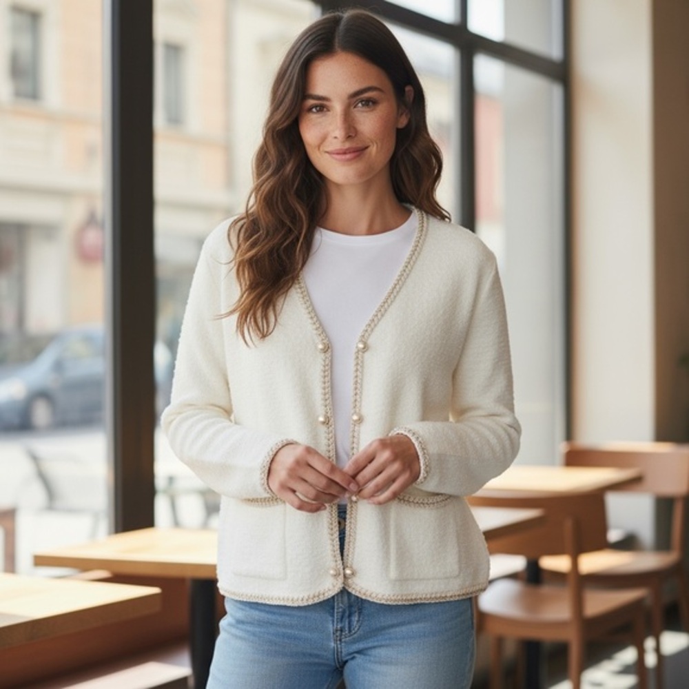 Nali Collection Women’s  Chic Cream Cardigan Sweater Gold Trim Size L/XL *2142